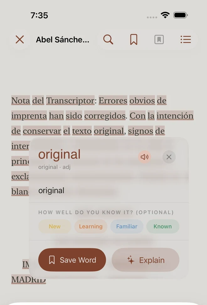 A word definition popover for original, showing part of speech, translation, and a Save Word button