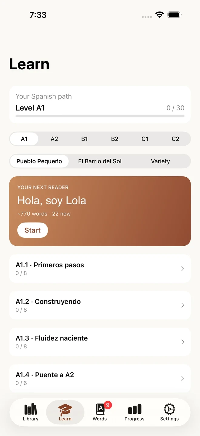 Learn tab showing Level A1, the Pueblo Pequeño world, and the next reader Hola, soy Lola