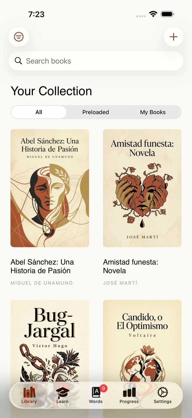 Léelo library showing a shelf of Spanish books including Abel Sánchez and Amistad funesta
