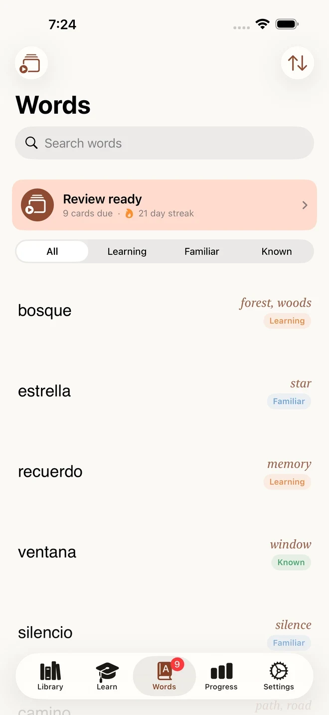 Words screen showing saved vocabulary like bosque, estrella, and recuerdo with familiarity levels and a review streak